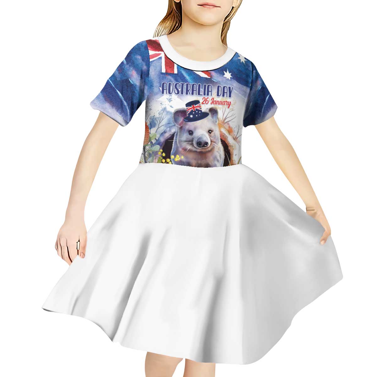 Wombat Australia Day Kid Short Sleeve Dress Happy 26 January - Banksia Watercolor