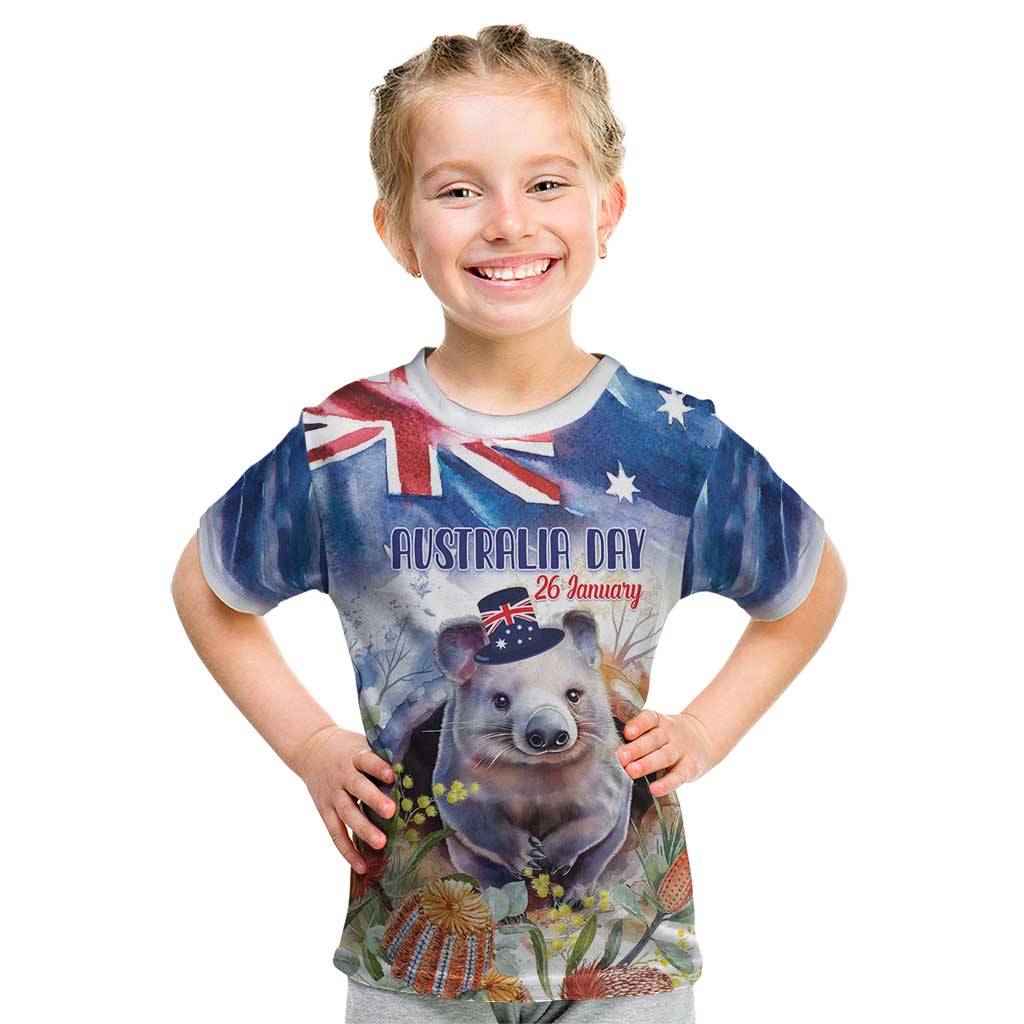 Wombat Australia Day Kid T Shirt Happy 26 January - Banksia Watercolor