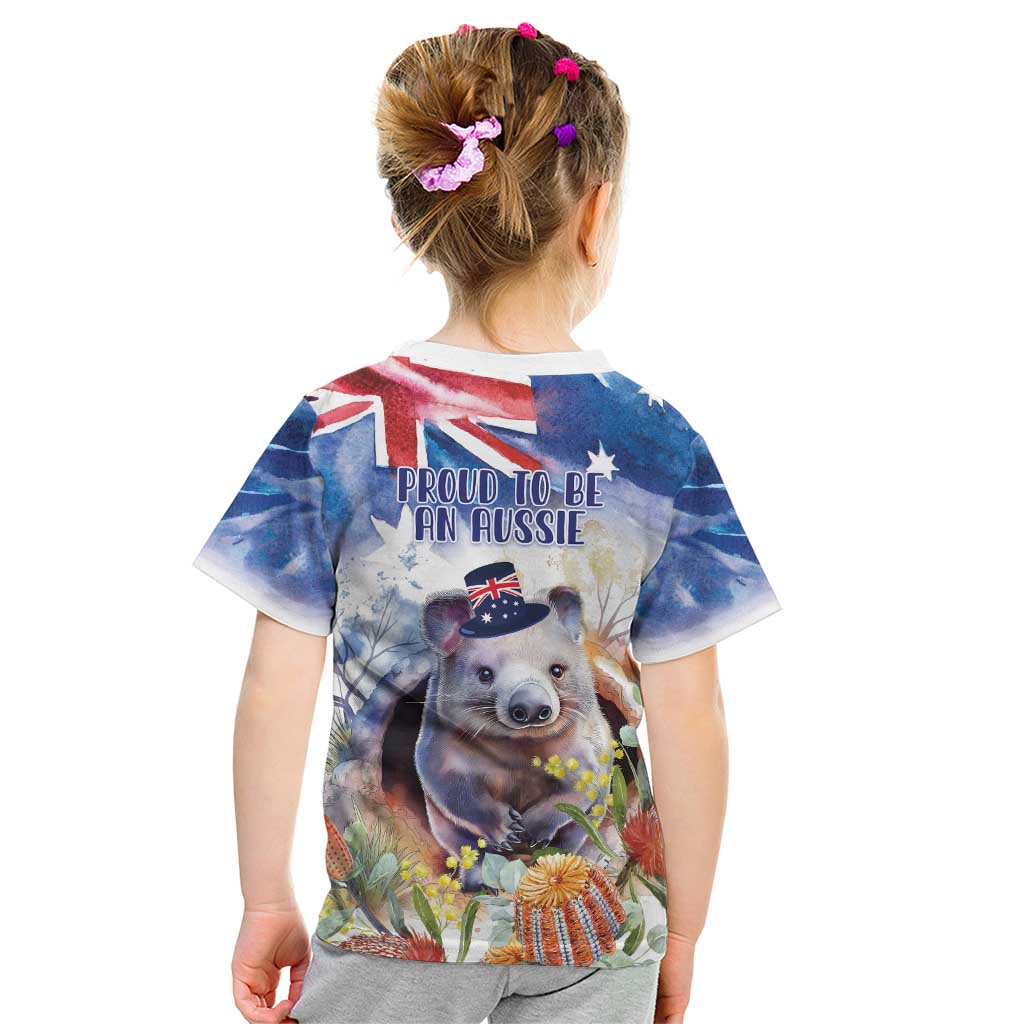 Wombat Australia Day Kid T Shirt Happy 26 January - Banksia Watercolor