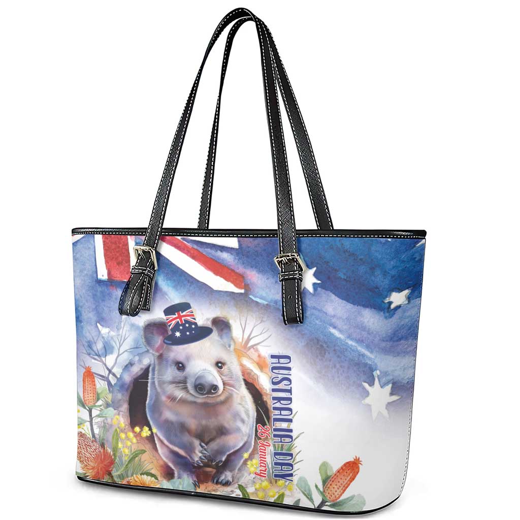 Wombat Australia Day Leather Tote Bag Happy 26 January - Banksia Watercolor