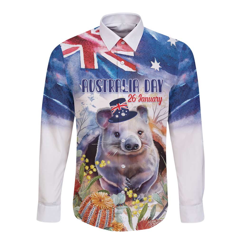 Wombat Australia Day Long Sleeve Button Shirt Happy 26 January - Banksia Watercolor