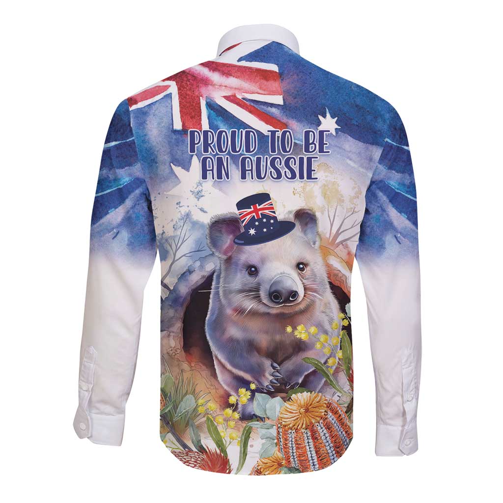 Wombat Australia Day Long Sleeve Button Shirt Happy 26 January - Banksia Watercolor