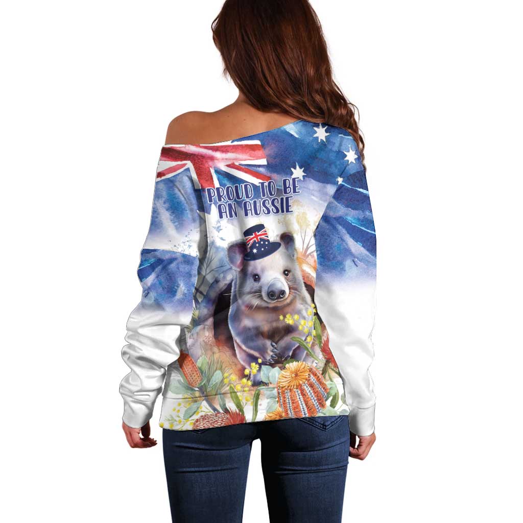 Wombat Australia Day Off Shoulder Sweater Happy 26 January - Banksia Watercolor