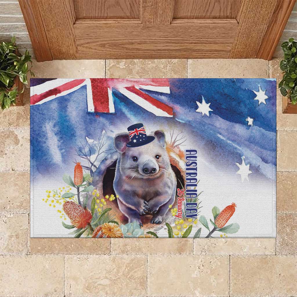 Wombat Australia Day Rubber Doormat Happy 26 January - Banksia Watercolor