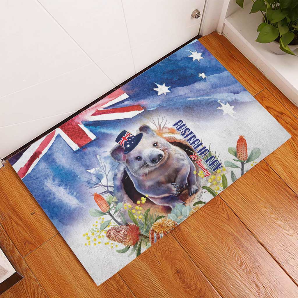 Wombat Australia Day Rubber Doormat Happy 26 January - Banksia Watercolor