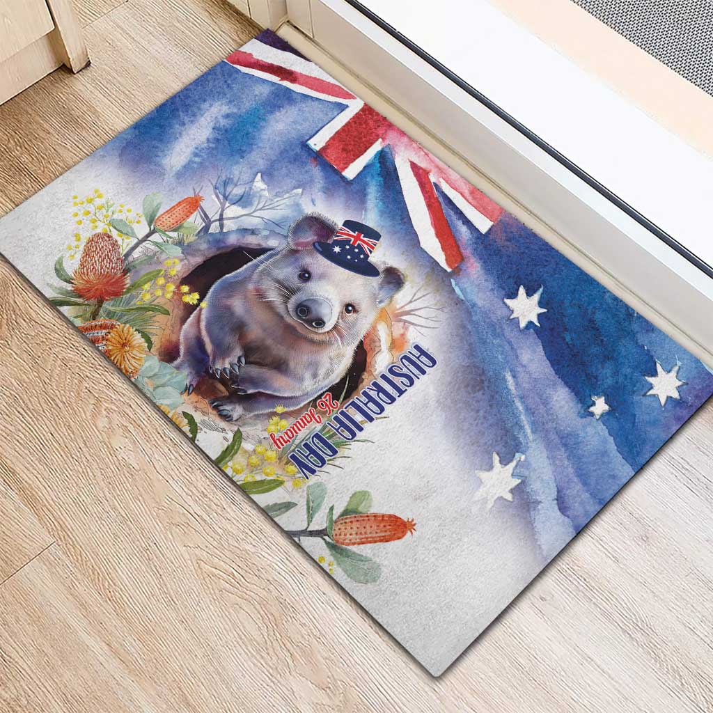 Wombat Australia Day Rubber Doormat Happy 26 January - Banksia Watercolor