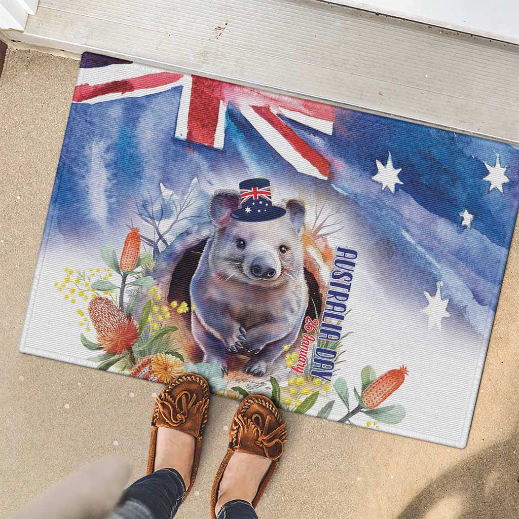 Wombat Australia Day Rubber Doormat Happy 26 January - Banksia Watercolor