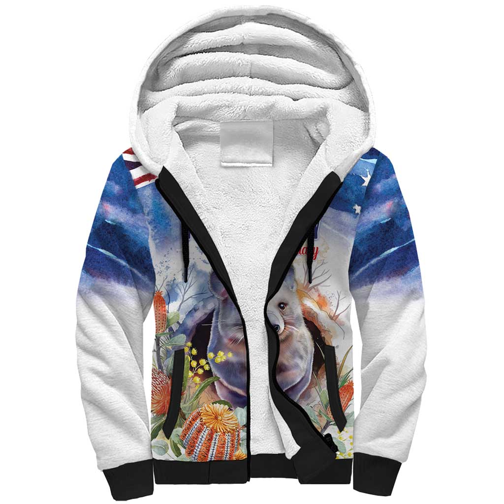 Wombat Australia Day Sherpa Hoodie Happy 26 January - Banksia Watercolor