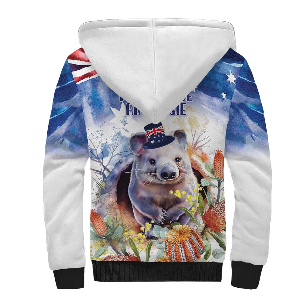 Wombat Australia Day Sherpa Hoodie Happy 26 January - Banksia Watercolor