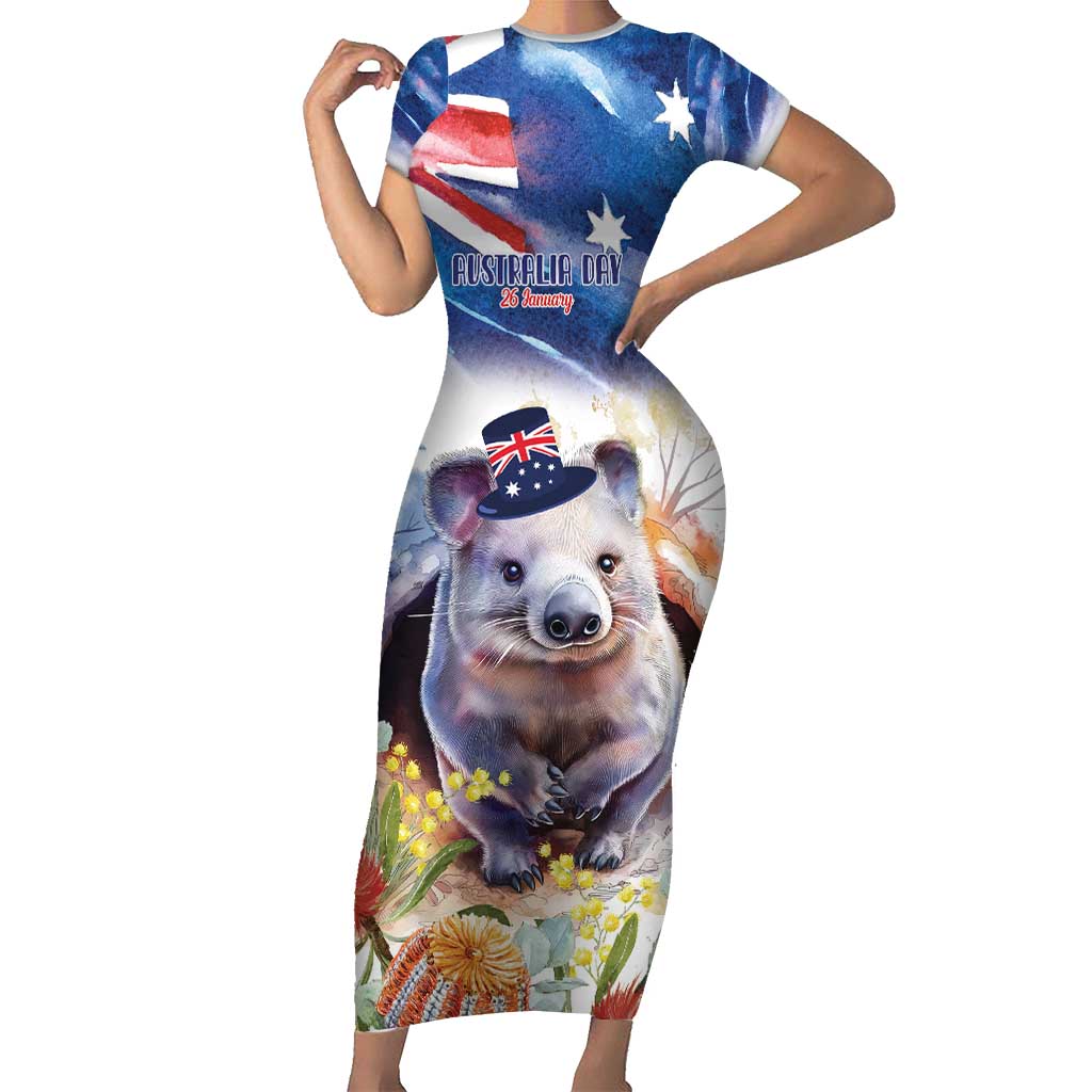 Wombat Australia Day Short Sleeve Bodycon Dress Happy 26 January - Banksia Watercolor