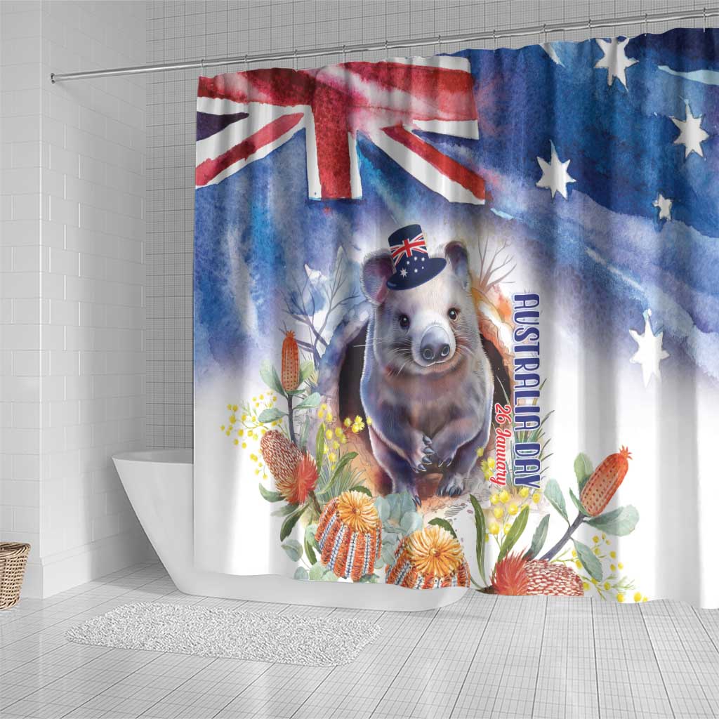 Wombat Australia Day Shower Curtain Happy 26 January - Banksia Watercolor