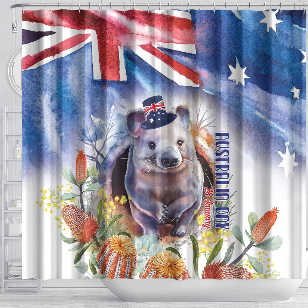 Wombat Australia Day Shower Curtain Happy 26 January - Banksia Watercolor