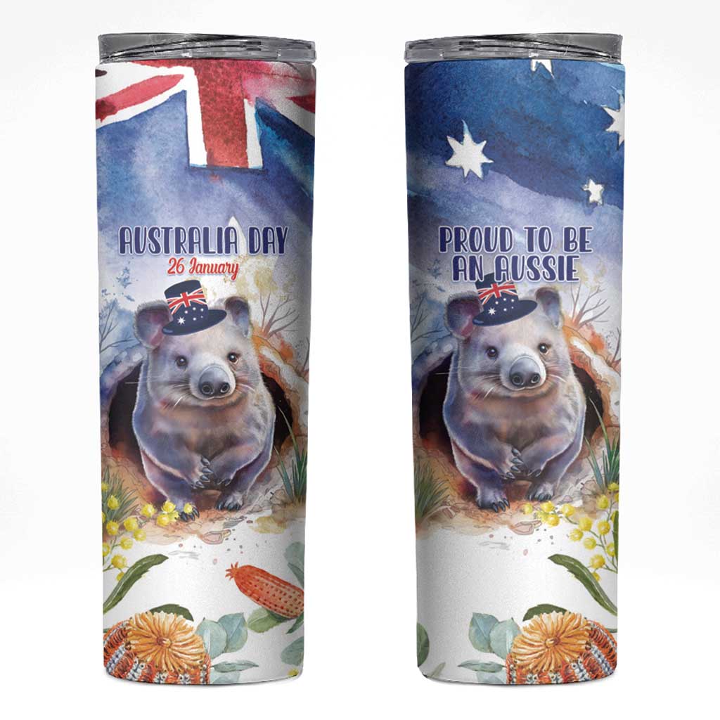 Wombat Australia Day Skinny Tumbler Happy 26 January - Banksia Watercolor