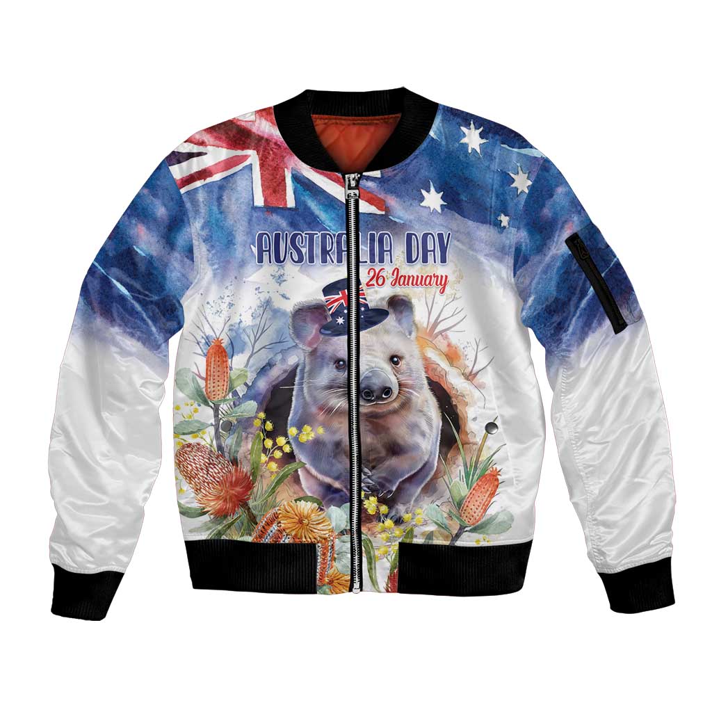 Wombat Australia Day Sleeve Zip Bomber Jacket Happy 26 January - Banksia Watercolor