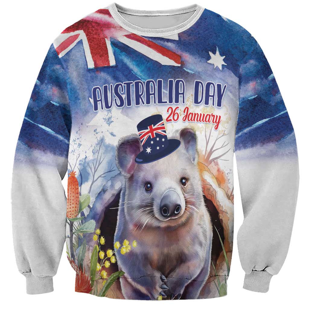 Wombat Australia Day Sweatshirt Happy 26 January - Banksia Watercolor