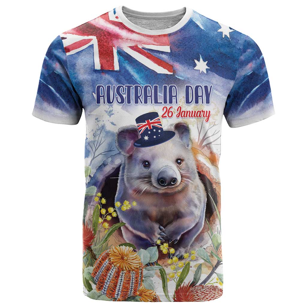 Wombat Australia Day T Shirt Happy 26 January - Banksia Watercolor