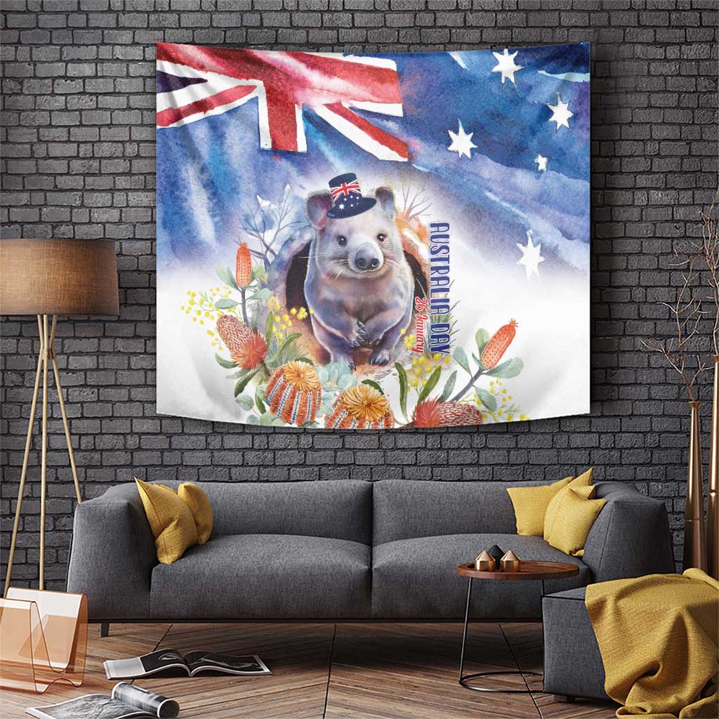 Wombat Australia Day Tapestry Happy 26 January - Banksia Watercolor