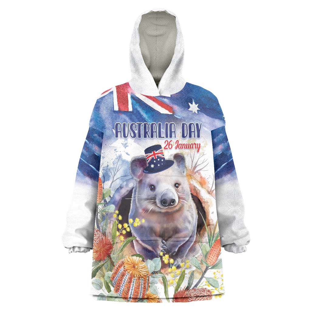 Wombat Australia Day Wearable Blanket Hoodie Happy 26 January - Banksia Watercolor