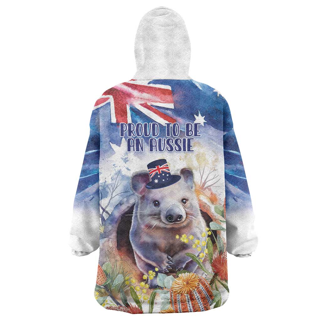 Wombat Australia Day Wearable Blanket Hoodie Happy 26 January - Banksia Watercolor