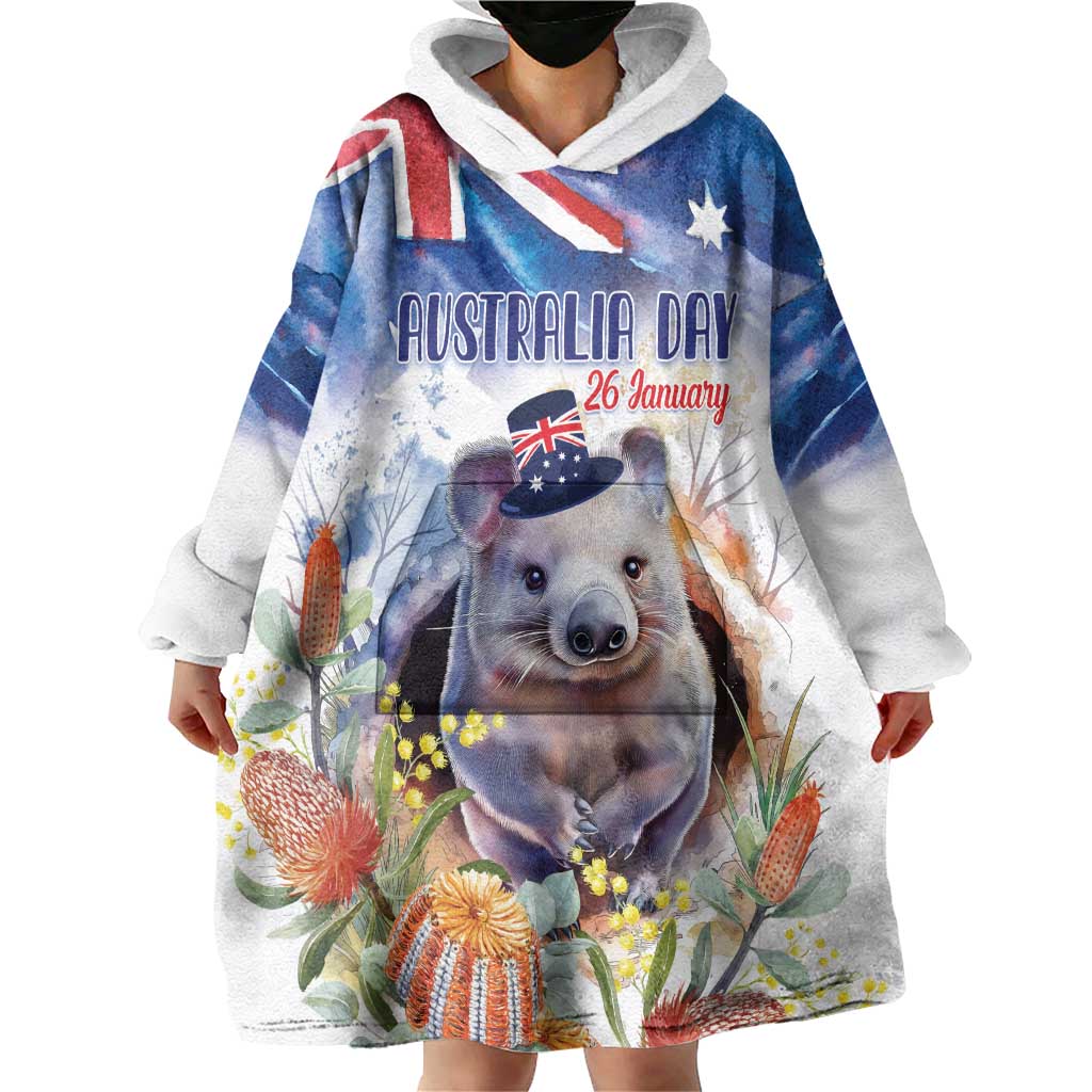 Wombat Australia Day Wearable Blanket Hoodie Happy 26 January - Banksia Watercolor