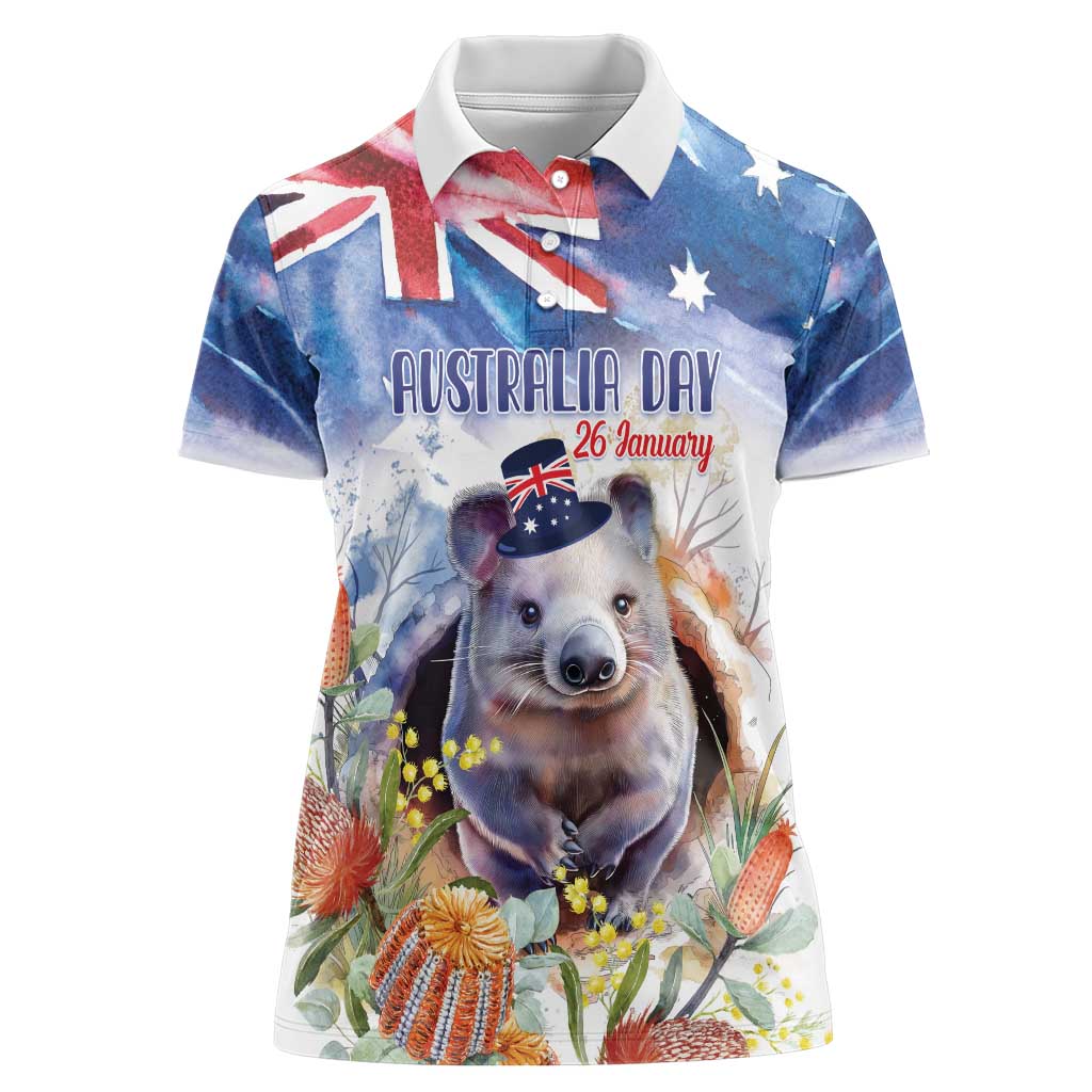 Wombat Australia Day Women Polo Shirt Happy 26 January - Banksia Watercolor