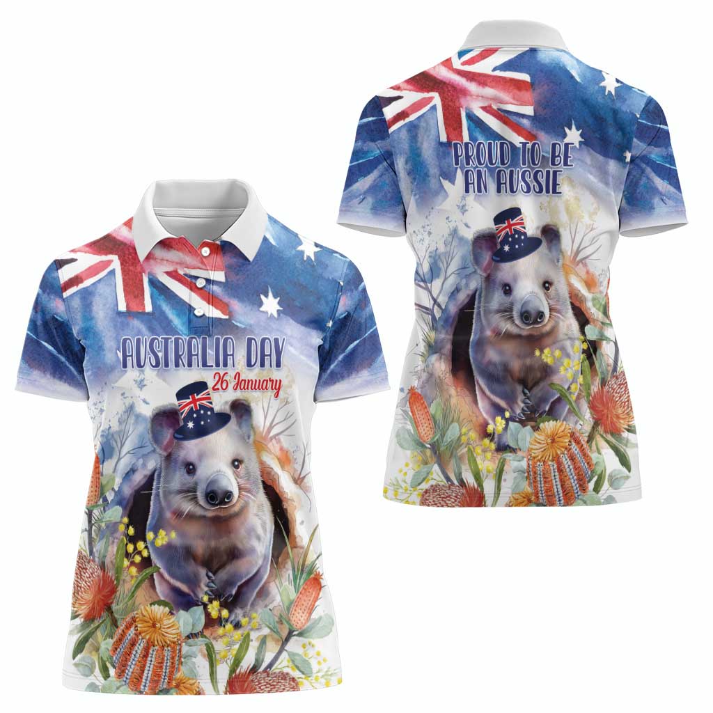 Wombat Australia Day Women Polo Shirt Happy 26 January - Banksia Watercolor