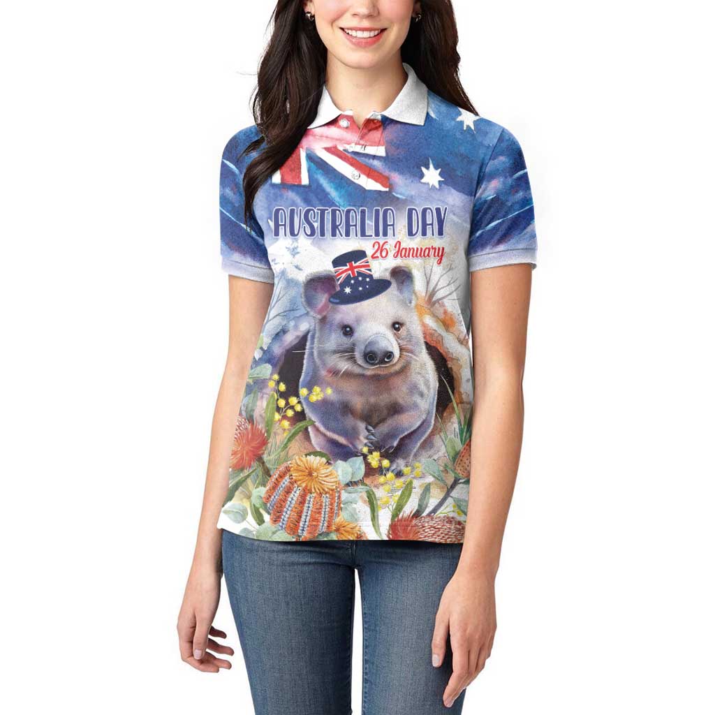 Wombat Australia Day Women Polo Shirt Happy 26 January - Banksia Watercolor