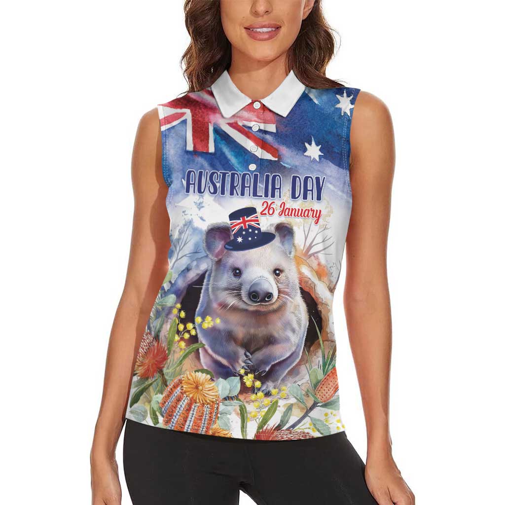 Wombat Australia Day Women Sleeveless Polo Shirt Happy 26 January - Banksia Watercolor