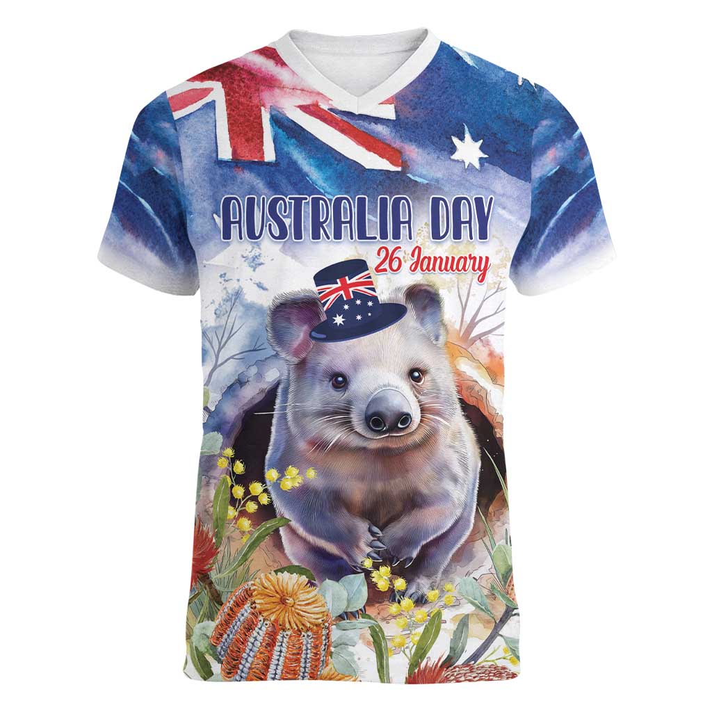 Wombat Australia Day Women V-Neck T-Shirt Happy 26 January - Banksia Watercolor