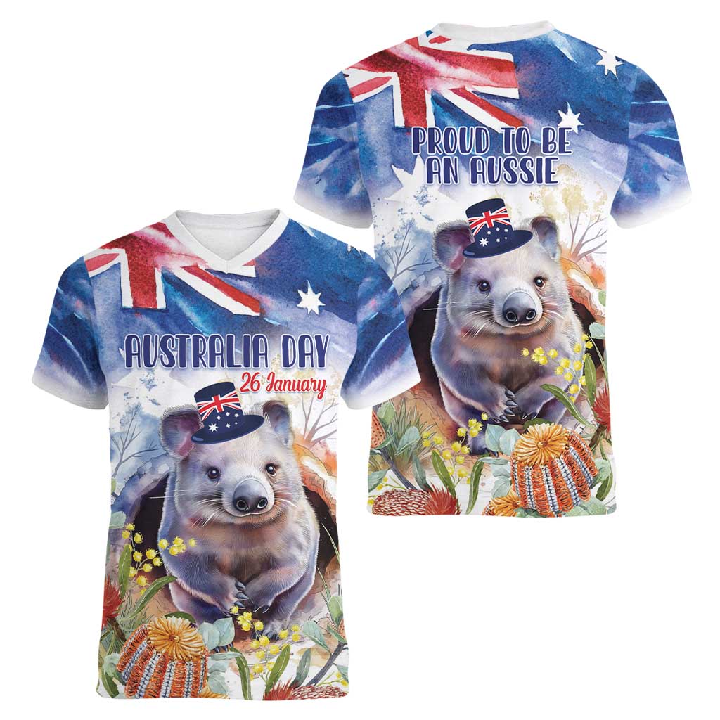 Wombat Australia Day Women V-Neck T-Shirt Happy 26 January - Banksia Watercolor