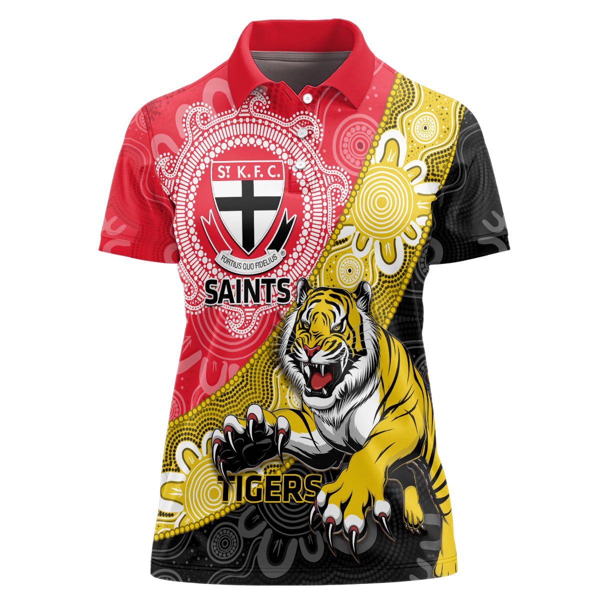 Personalised Richmond And St Kilda Football Women Polo Shirt Tigers Saints Together Aboriginal Art