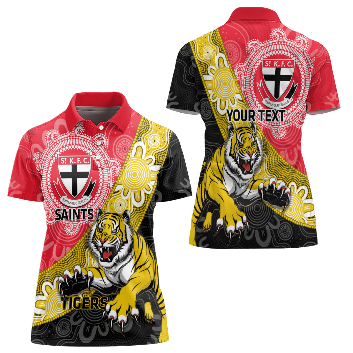 Personalised Richmond And St Kilda Football Women Polo Shirt Tigers Saints Together Aboriginal Art