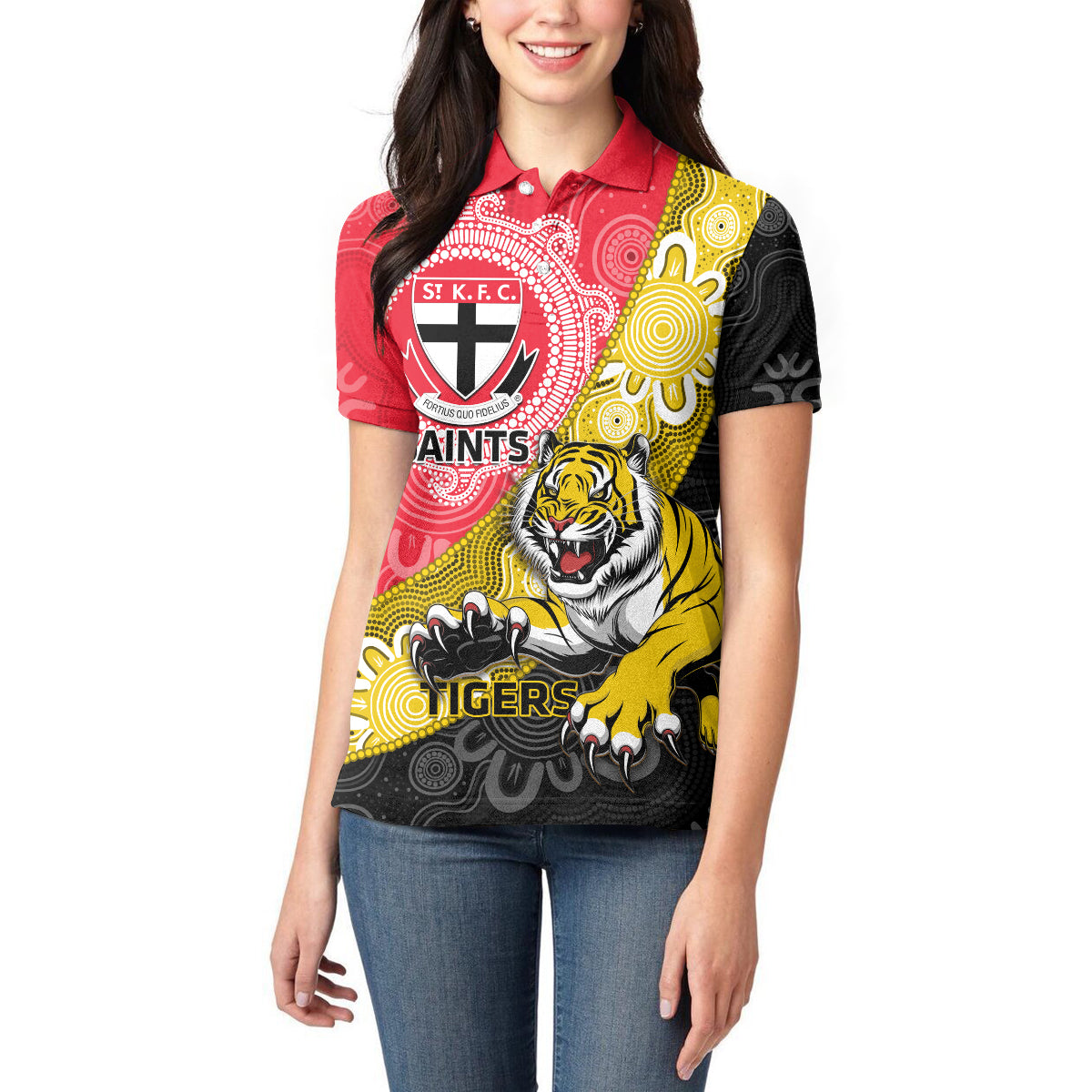 Personalised Richmond And St Kilda Football Women Polo Shirt Tigers Saints Together Aboriginal Art