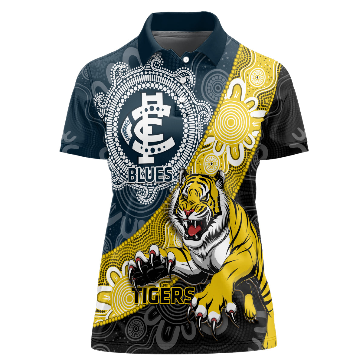 Personalised Richmond And Carlton Football Women Polo Shirt Tigers BluesTogether Aboriginal Art