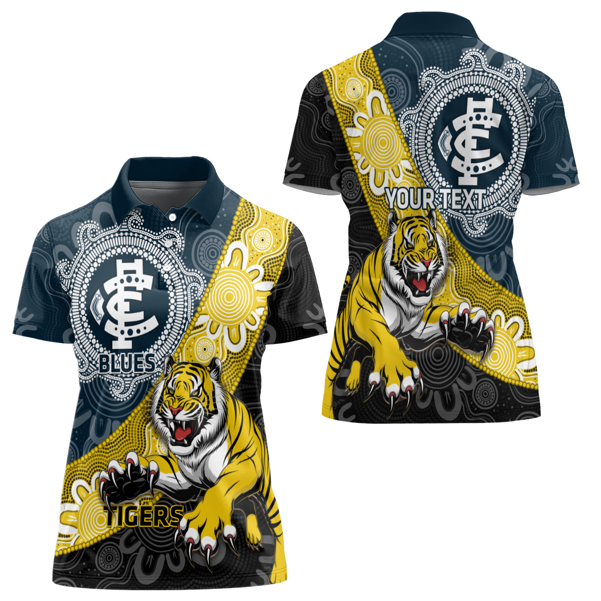 Personalised Richmond And Carlton Football Women Polo Shirt Tigers BluesTogether Aboriginal Art