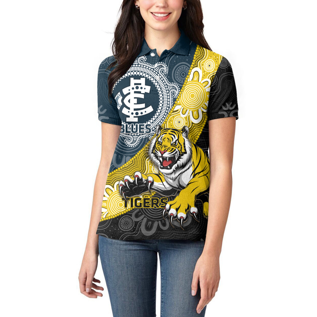 Personalised Richmond And Carlton Football Women Polo Shirt Tigers BluesTogether Aboriginal Art