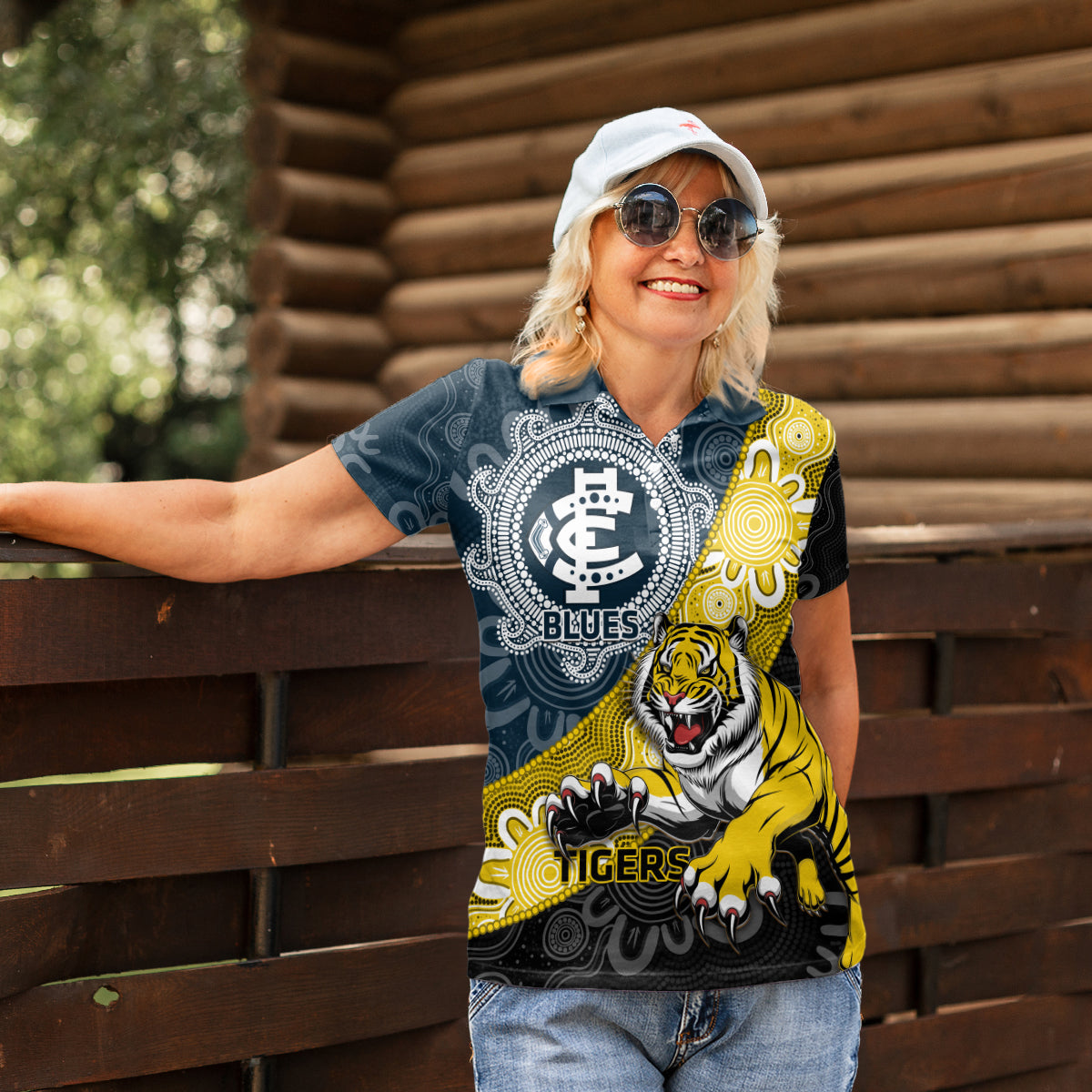 Personalised Richmond And Carlton Football Women Polo Shirt Tigers BluesTogether Aboriginal Art