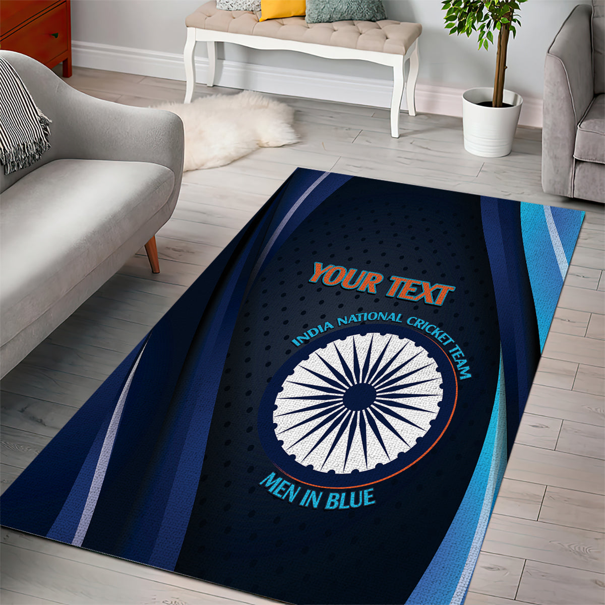 Custom India Cricket Area Rug 2024 World Cup Go Men in Blue