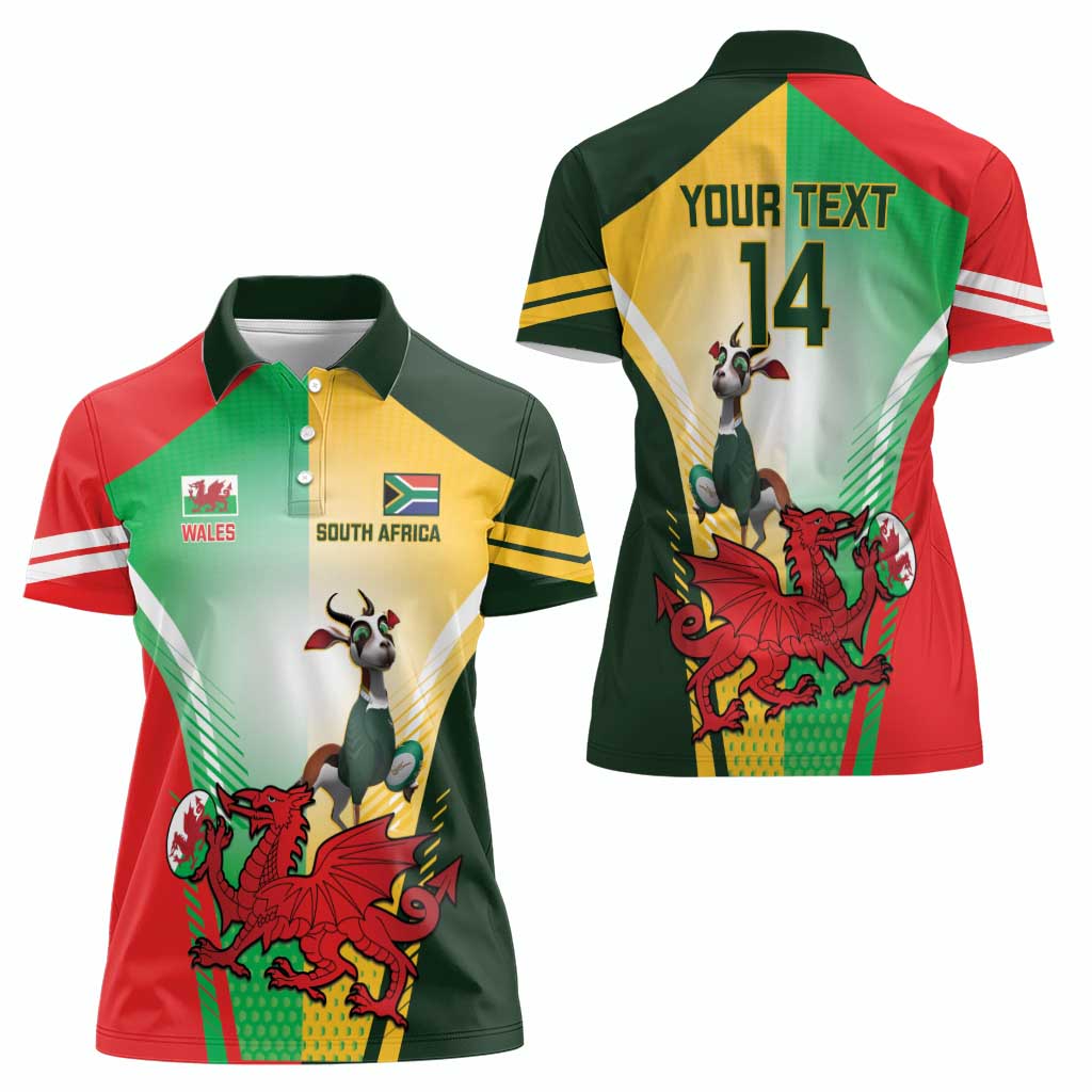 Custom South Africa And Wales Rugby Women Polo Shirt Springboks Welsh Mascots Dynamic Version