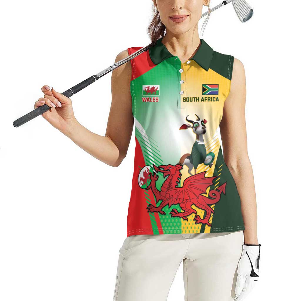 Custom South Africa And Wales Rugby Women Sleeveless Polo Shirt Springboks Welsh Mascots Dynamic Version