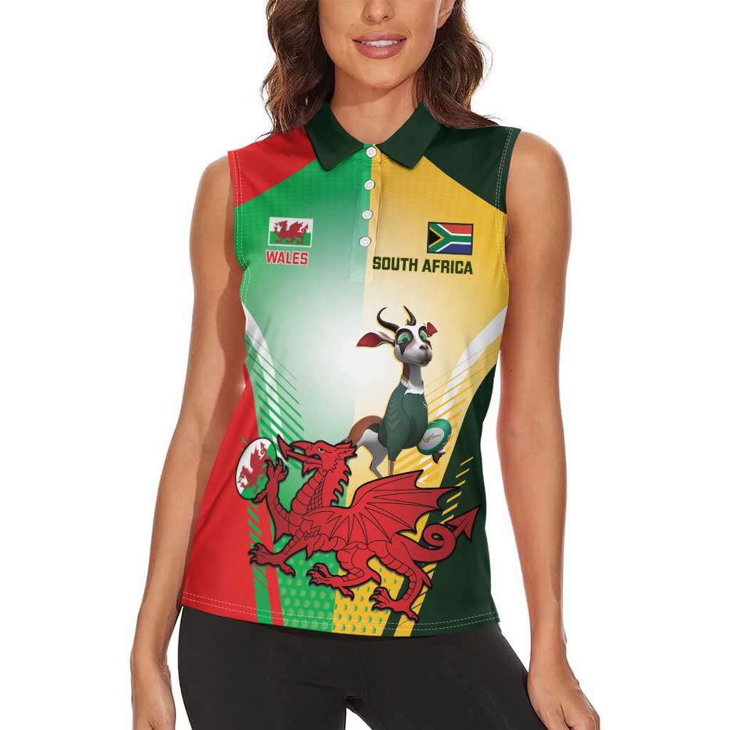 Custom South Africa And Wales Rugby Women Sleeveless Polo Shirt Springboks Welsh Mascots Dynamic Version