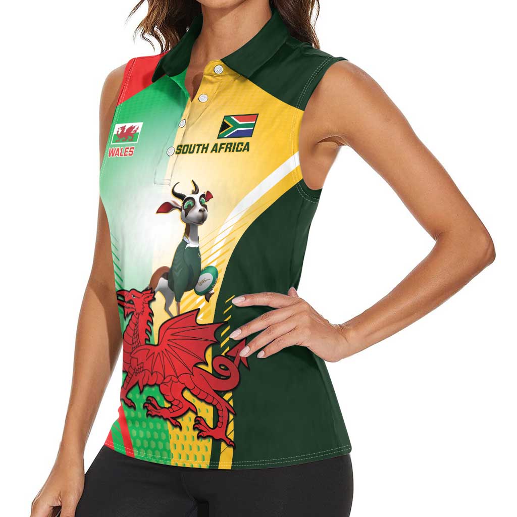 Custom South Africa And Wales Rugby Women Sleeveless Polo Shirt Springboks Welsh Mascots Dynamic Version