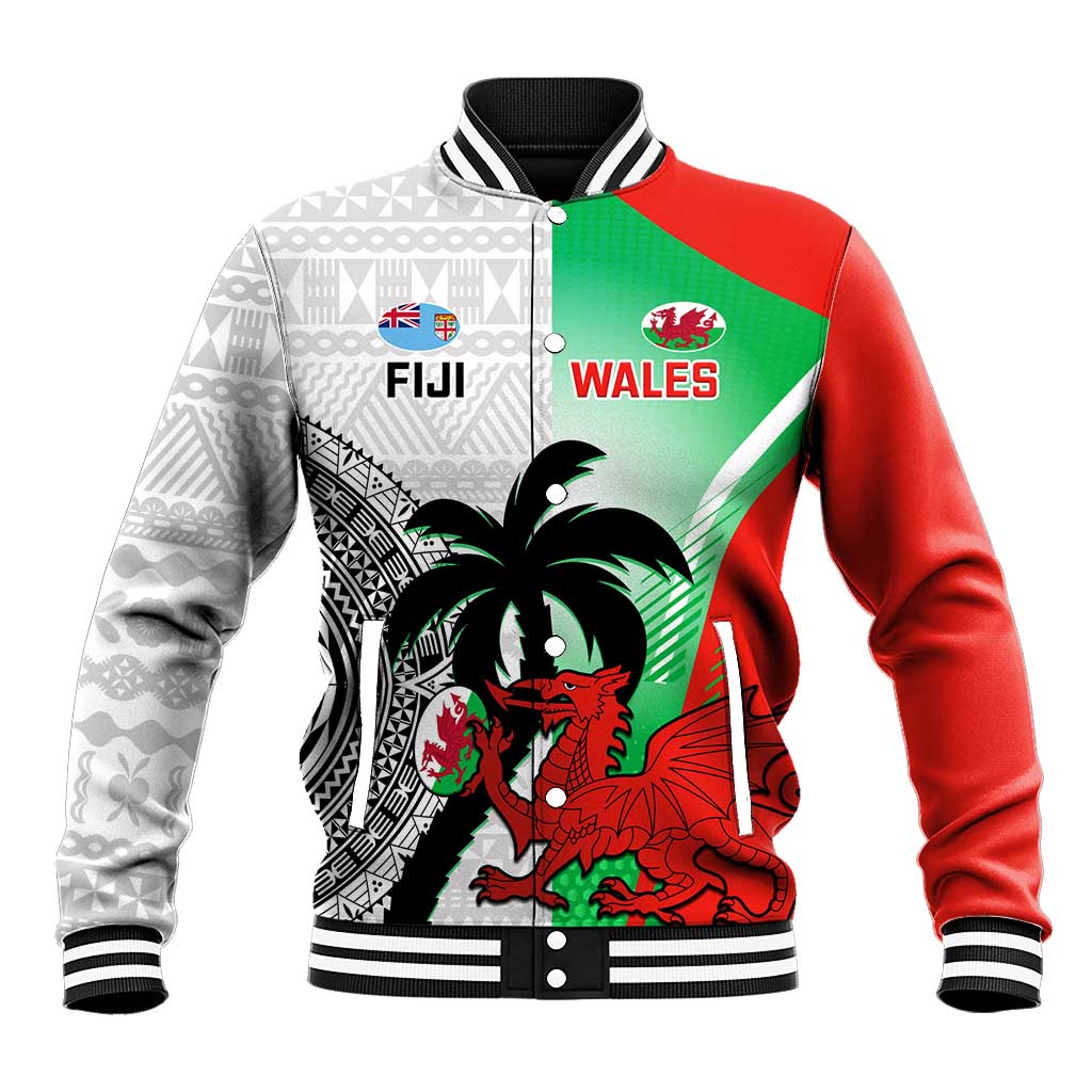 Custom Fiji And Wales Rugby Baseball Jacket Fijian Tapa Welsh Mascots Dynamic Version