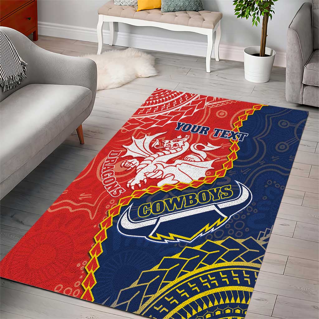 Custom Dragons And Cowboys Rugby Area Rug Aboriginal Mix Polynesian Pattern