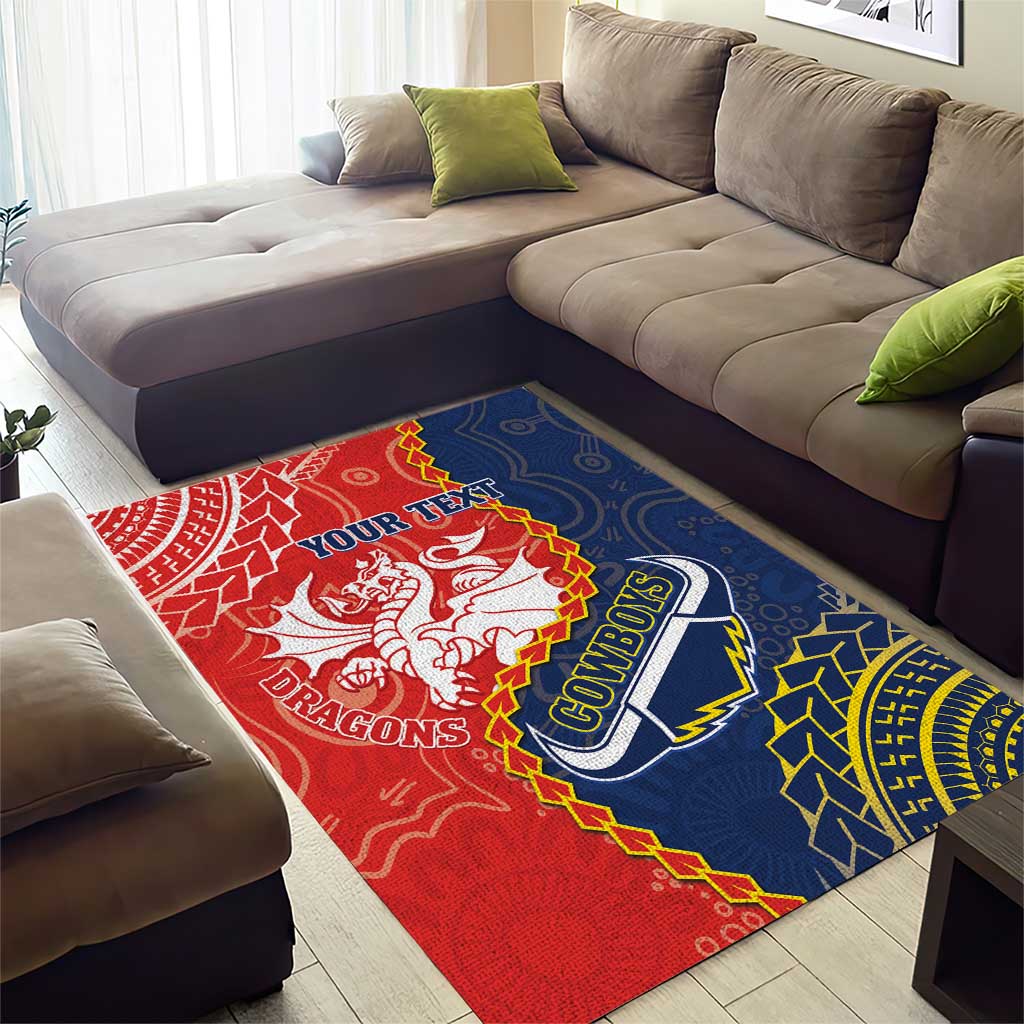 Custom Dragons And Cowboys Rugby Area Rug Aboriginal Mix Polynesian Pattern