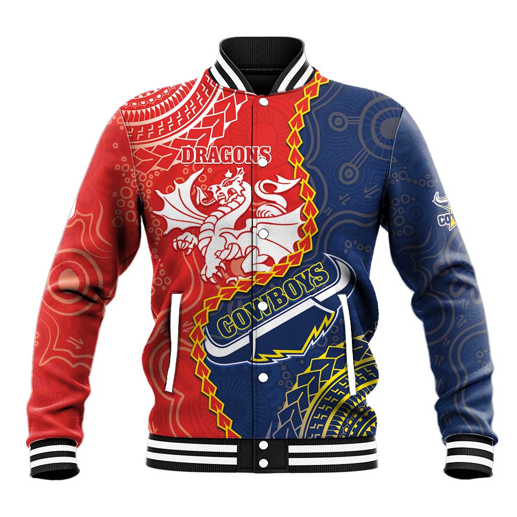 Custom Dragons And Cowboys Rugby Baseball Jacket Aboriginal Mix Polynesian Pattern