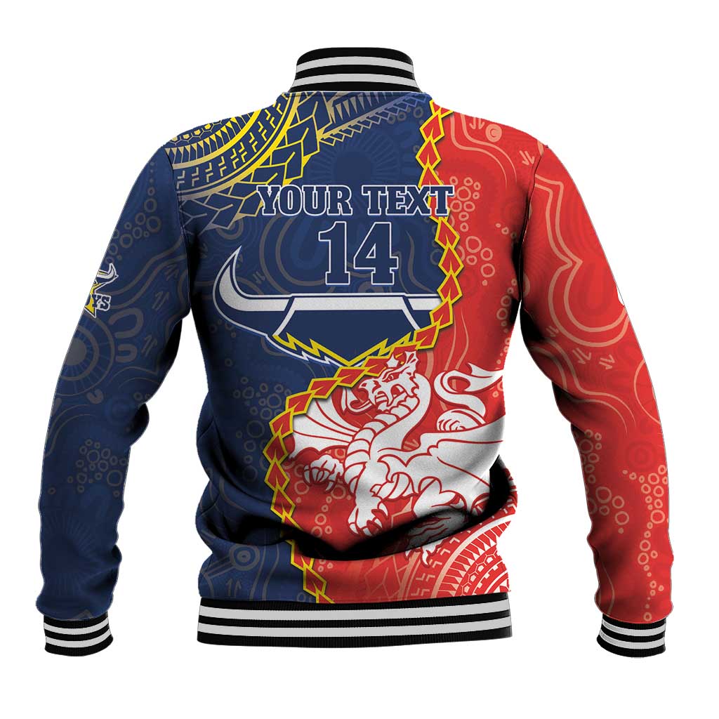 Custom Dragons And Cowboys Rugby Baseball Jacket Aboriginal Mix Polynesian Pattern