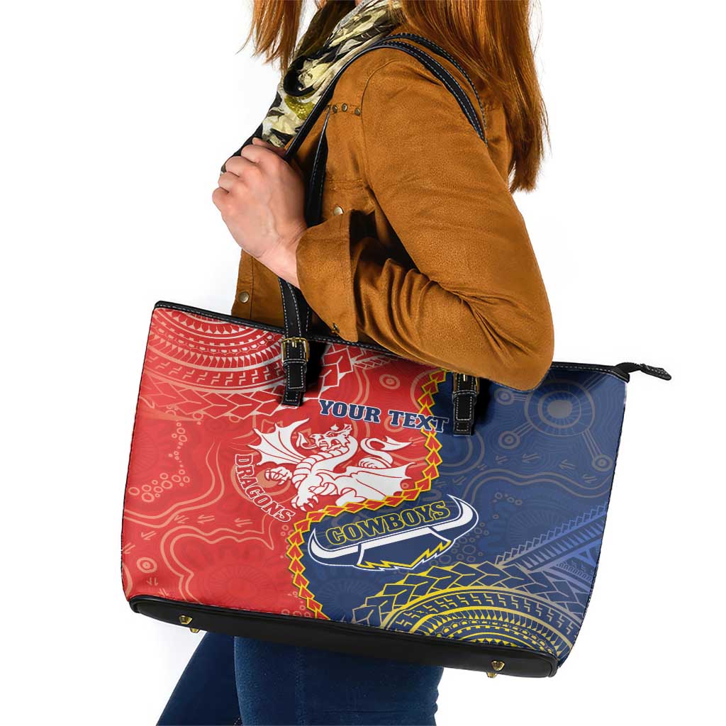 Custom Dragons And Cowboys Rugby Leather Tote Bag Aboriginal Mix Polynesian Pattern