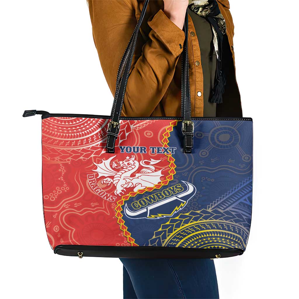 Custom Dragons And Cowboys Rugby Leather Tote Bag Aboriginal Mix Polynesian Pattern