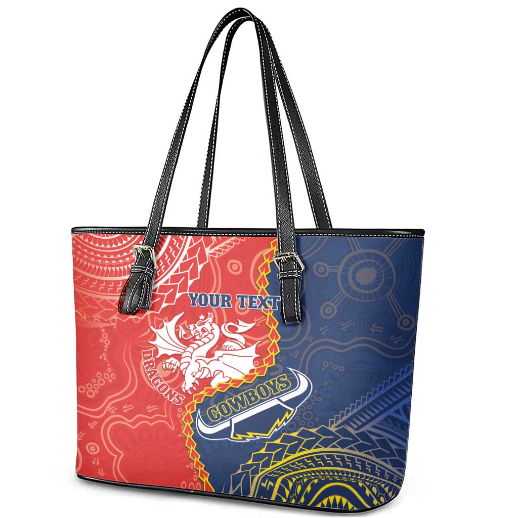 Custom Dragons And Cowboys Rugby Leather Tote Bag Aboriginal Mix Polynesian Pattern